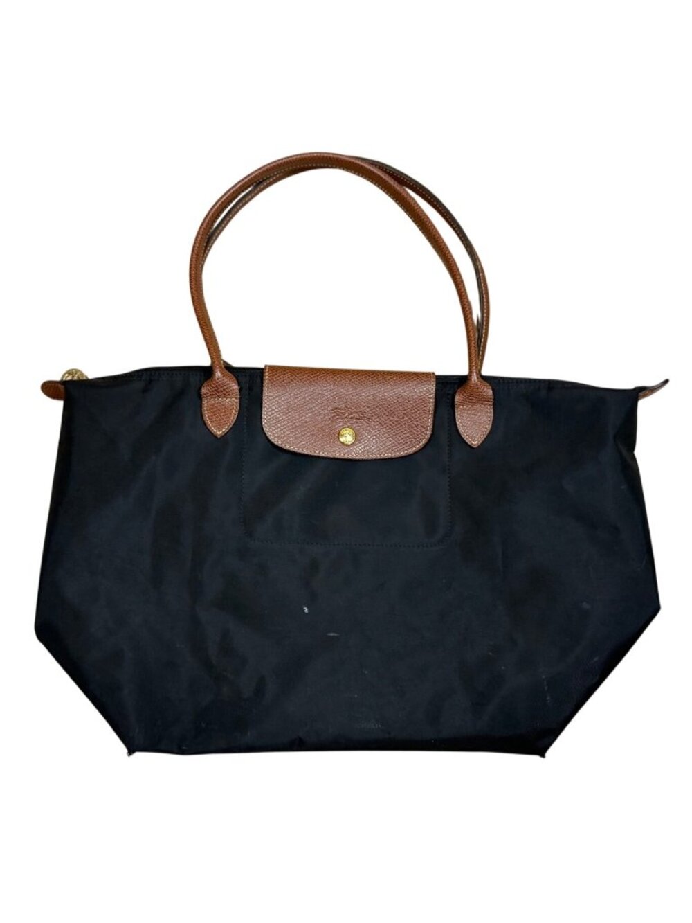 Longchamp Le Pliage Black Nylon Tote Bag With Brown Leather Trim & Gold Hardware